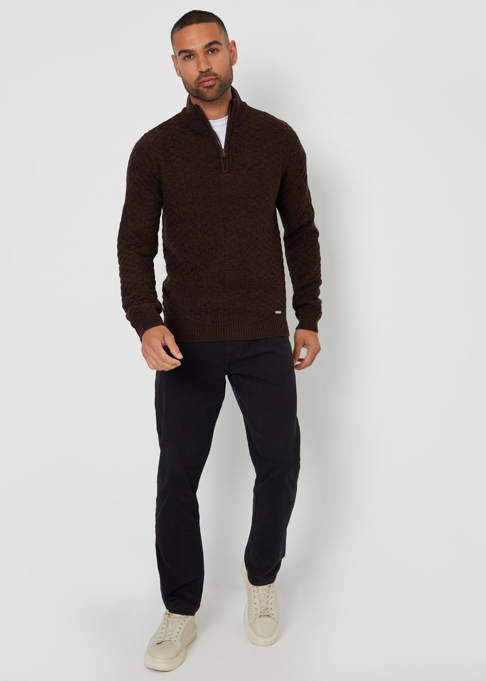 Threadbare Brown Textured Quarter Zip Jumper With Wool