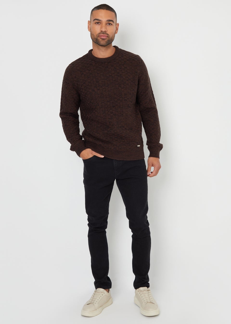 Threadbare Brown Textured Knit Crew Neck Jumper