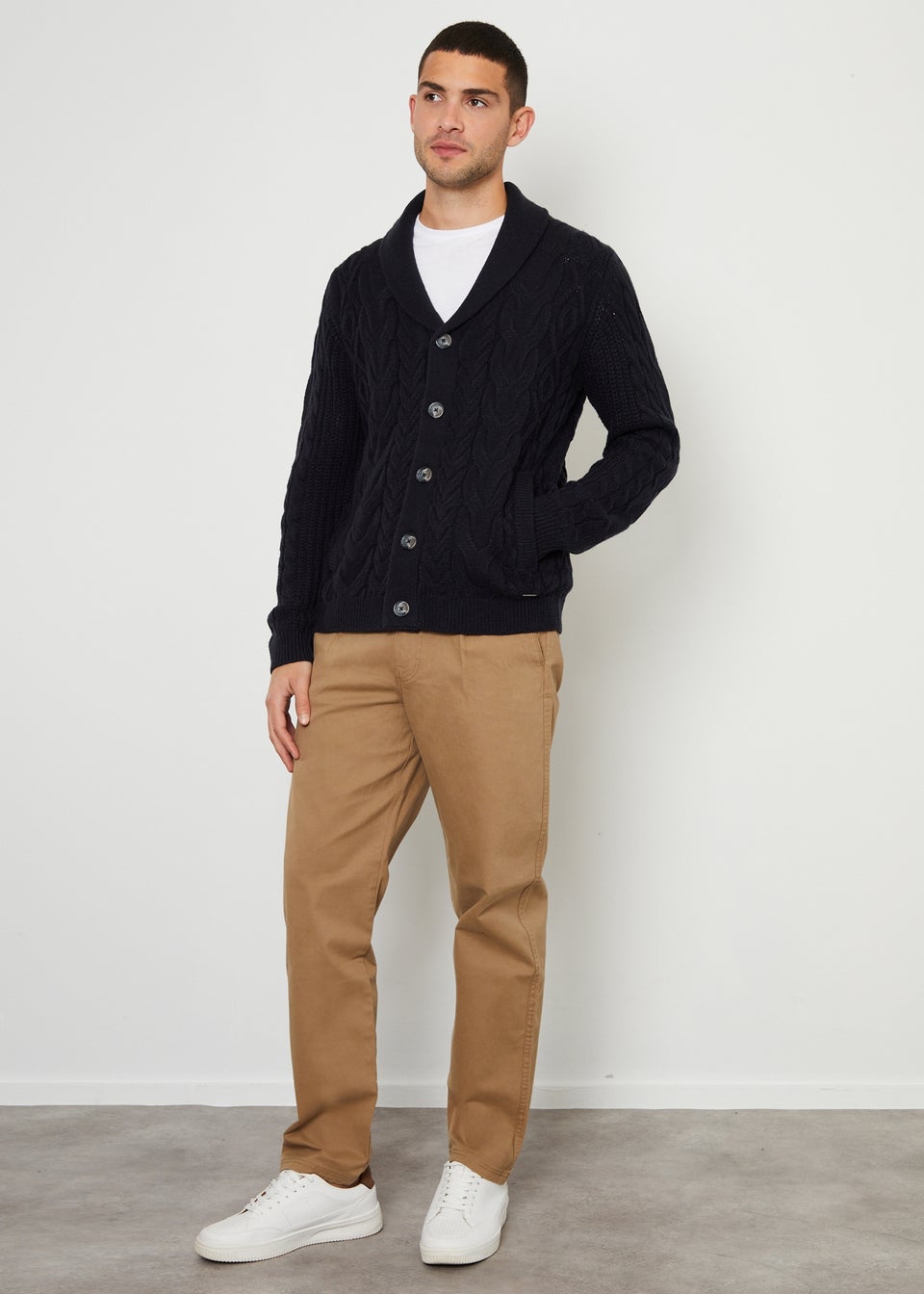 Threadbare Navy Cable Knit Shawl Collar Cardigan With Wool