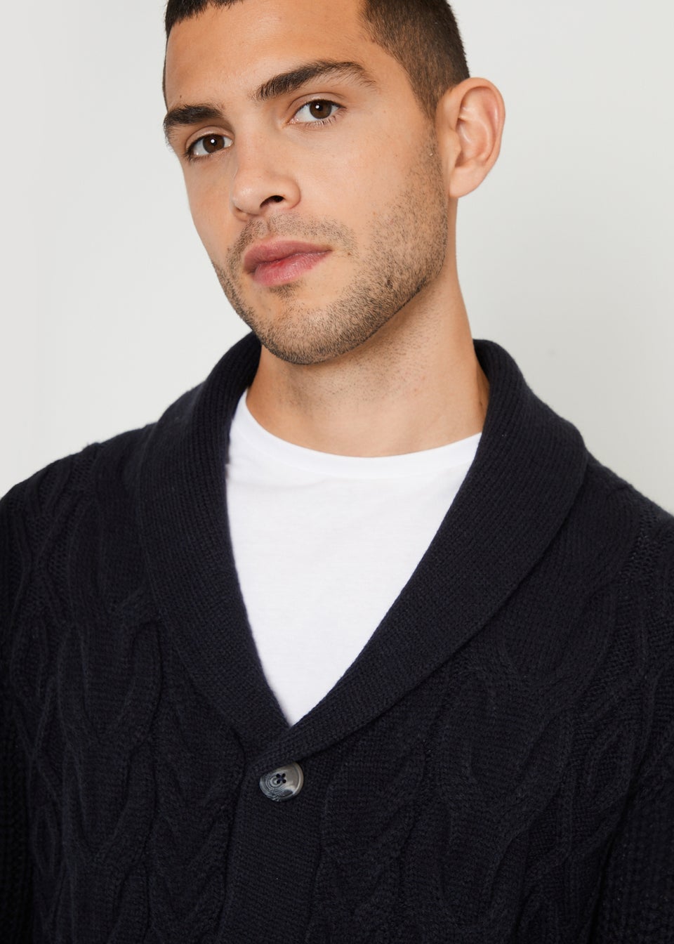 Threadbare Navy Cable Knit Shawl Collar Cardigan With Wool