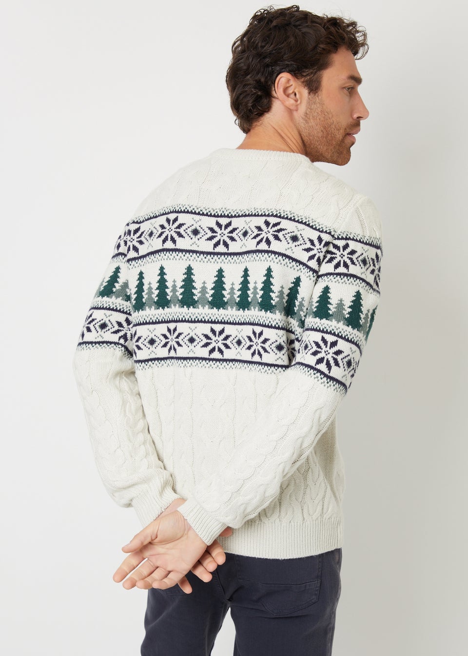 Threadbare Stone Cable Knit Fairisle Crew Neck Christmas Jumper