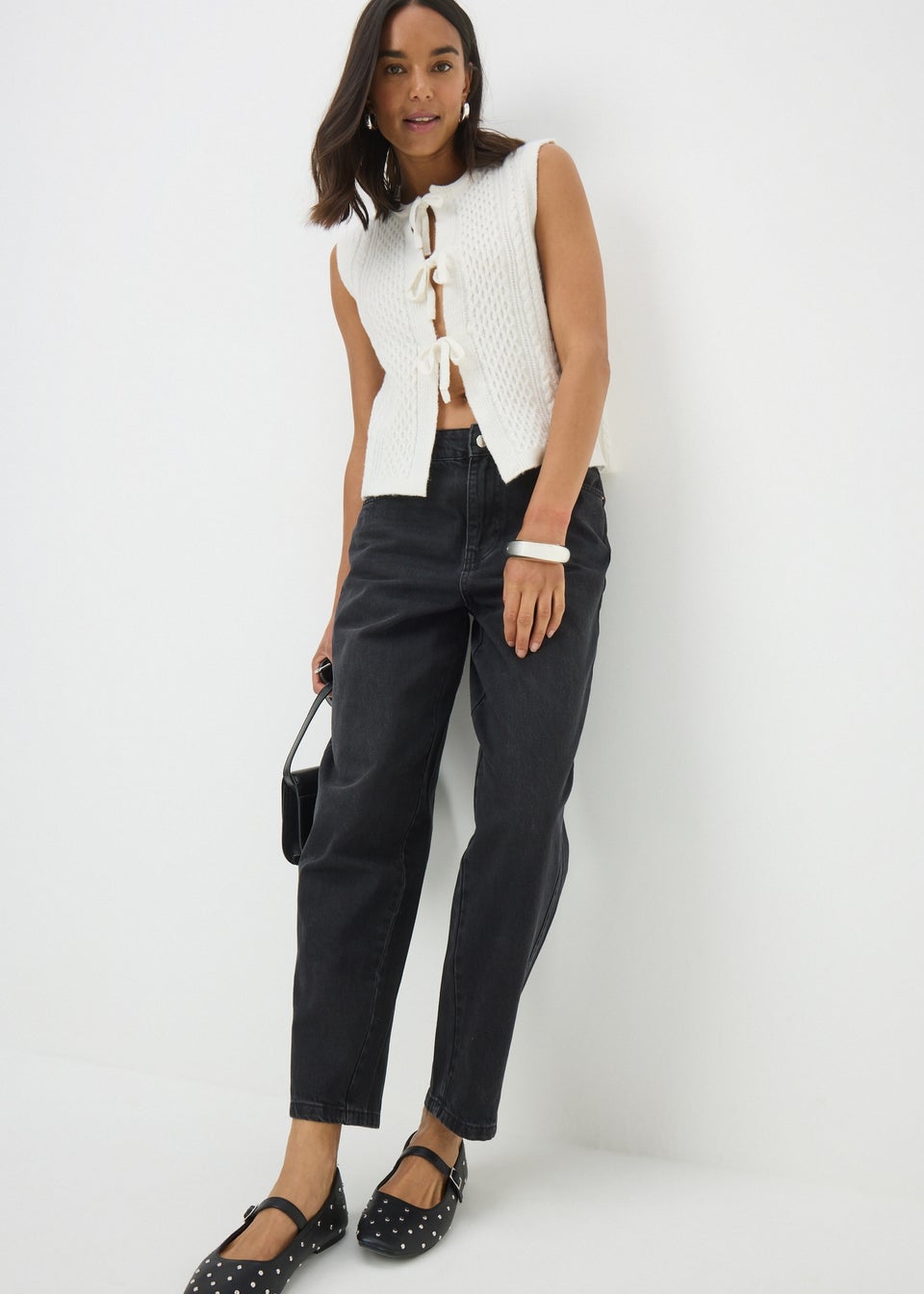 Cream Cable Tie Front Sleeveless Cardigan