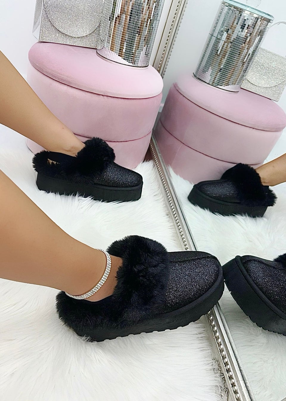 Love Lemonade Black Sparkly Glitter Snugg Platform Slippers