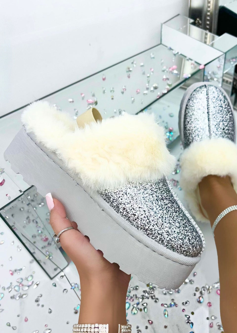 Love Lemonade Silver Sparkly Glitter Snugg Platform Slippers