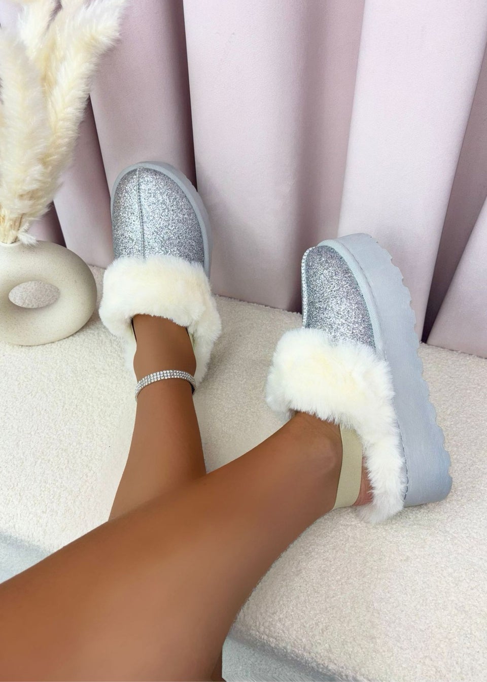 Love Lemonade Silver Sparkly Glitter Snugg Platform Slippers