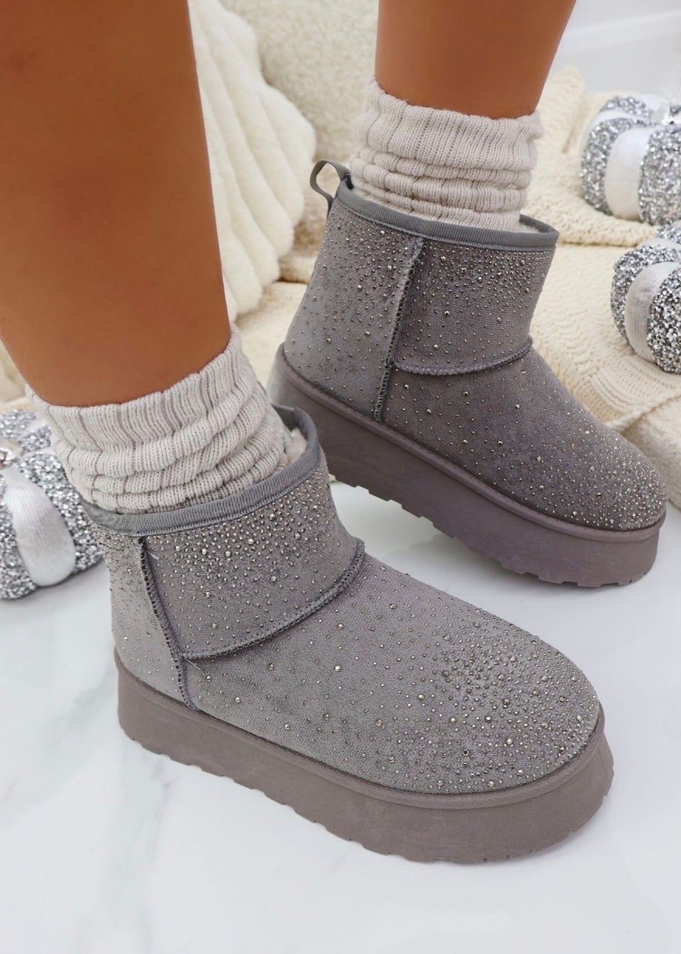 Love Lemonade Grey Sparkly Bling Platform Mini Snugg Boots