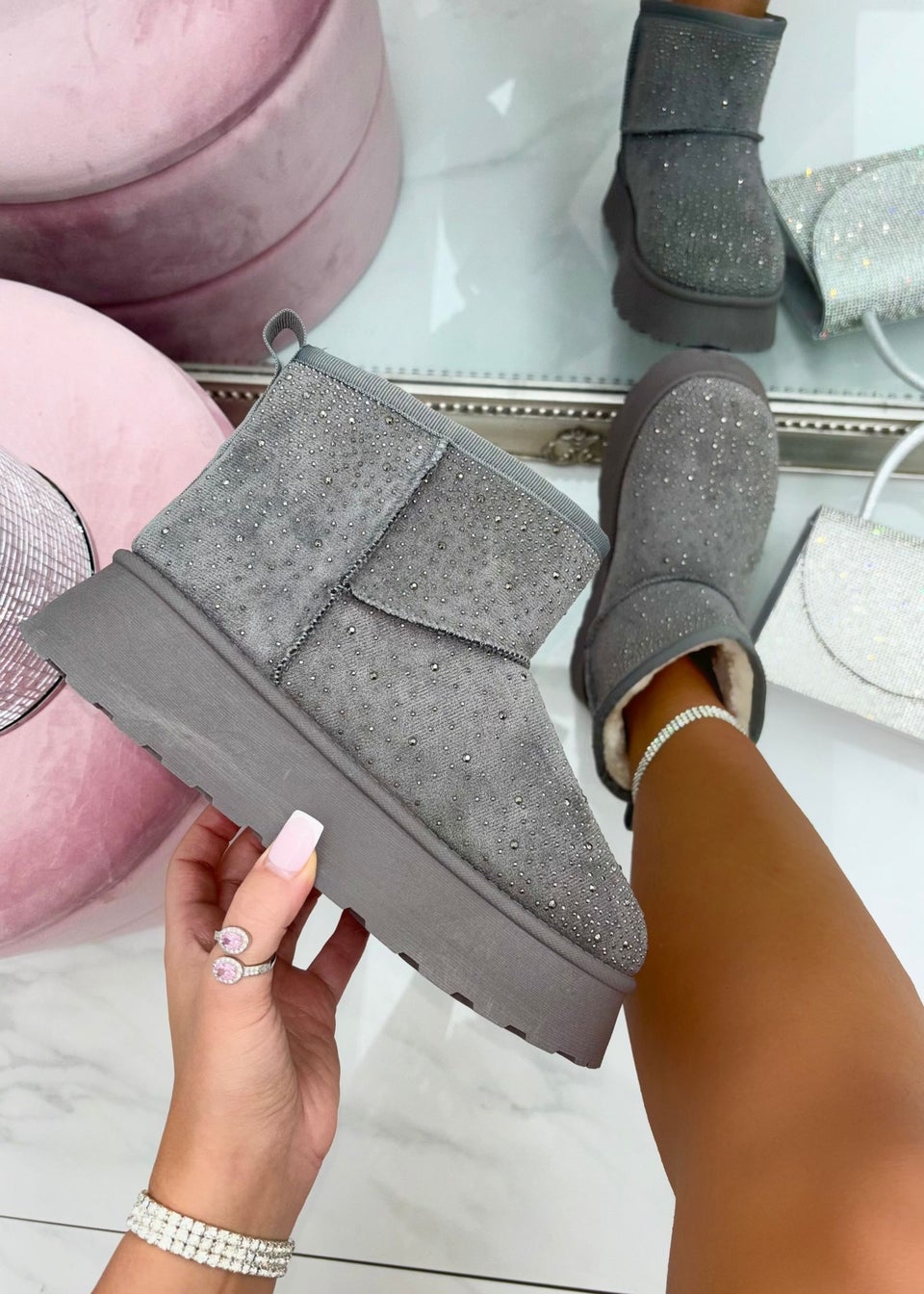 Love Lemonade Grey Sparkly Bling Platform Mini Snugg Boots