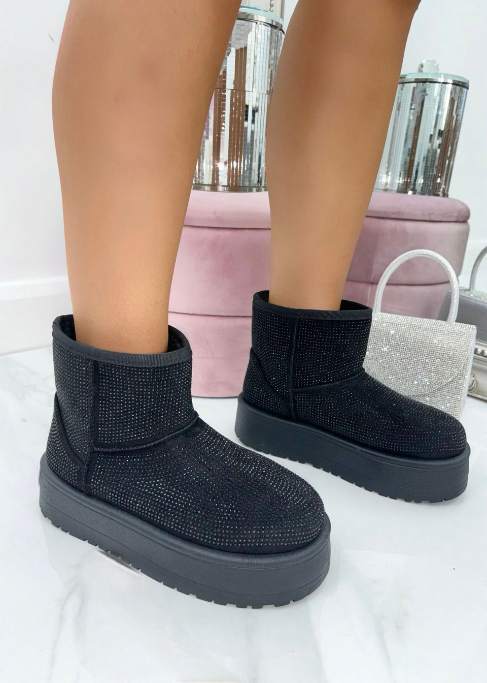 Love Lemonade Black Sparkly Rhinestone Snugg Mini Boots