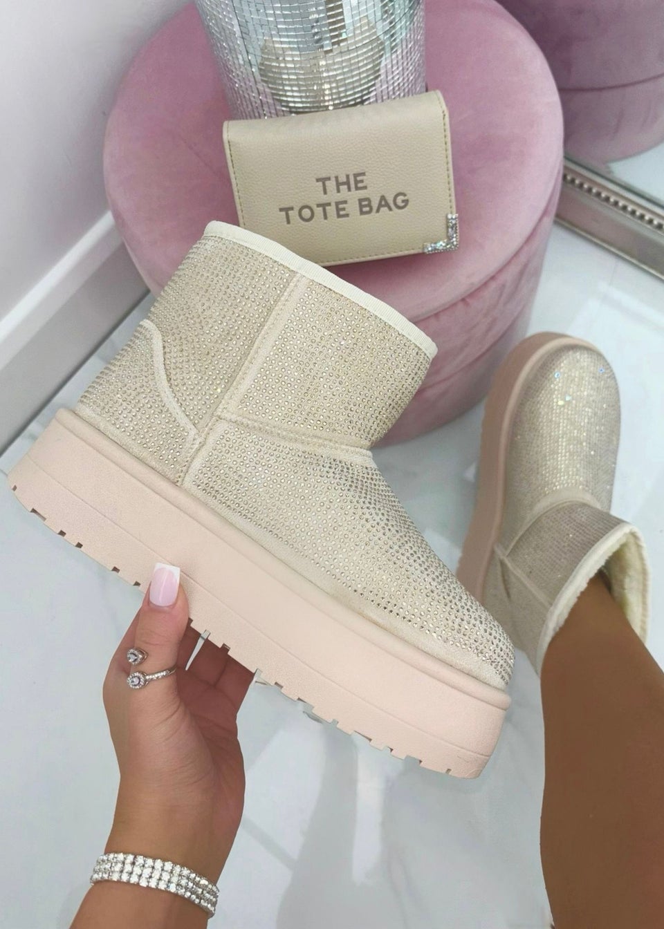 Love Lemonade Nude Sparkly Rhinestone Snugg Mini Boots
