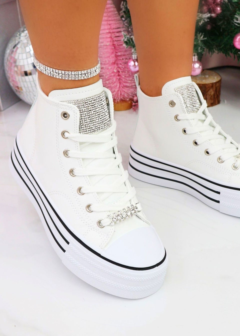 Love Lemonade White Crystal Shimmer Platform High Top Trainers