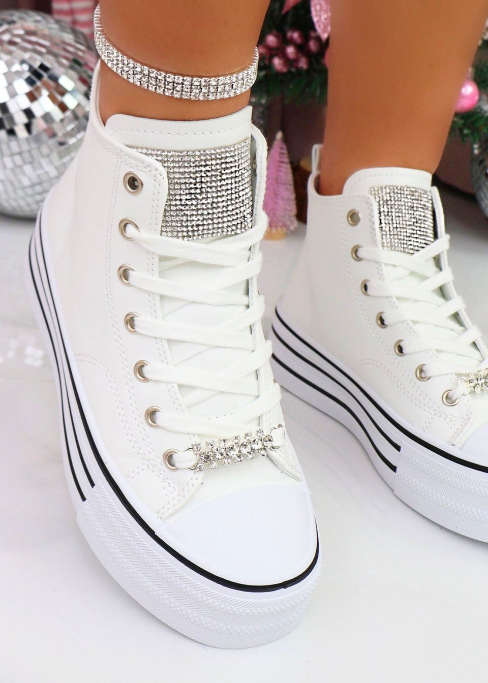 Love Lemonade White Crystal Shimmer Platform High Top Trainers