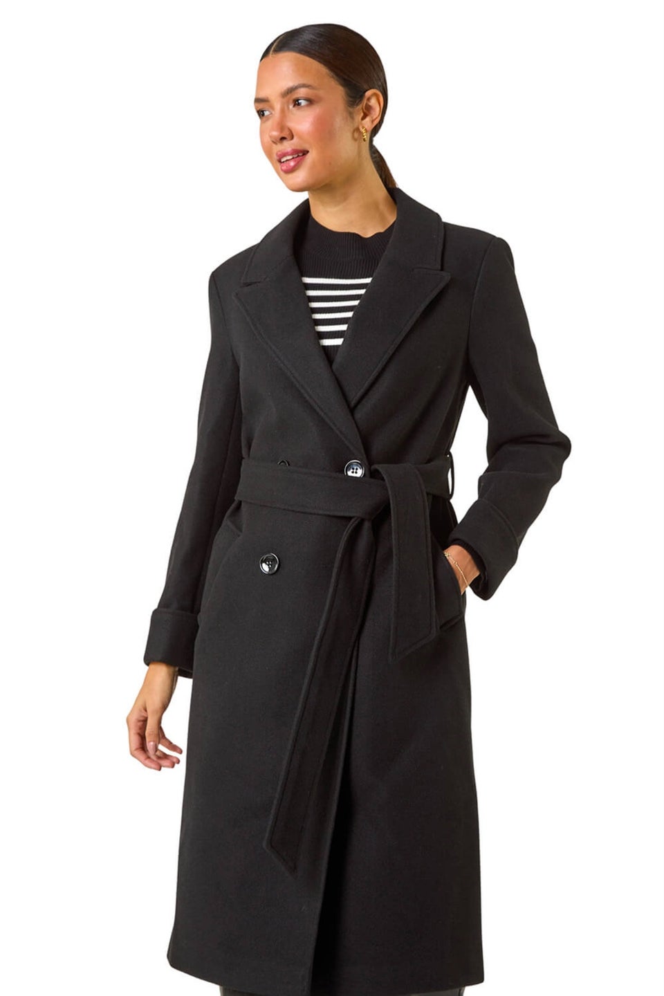 Roman Black Belted Double Breasted Coat