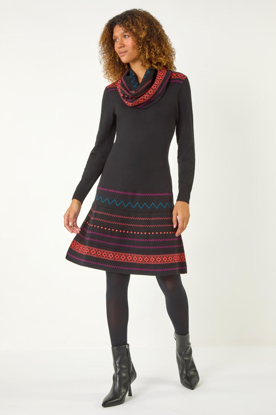 Roman Orange 2 in 1 Nordic Print Scarf Neck Knitted Dress