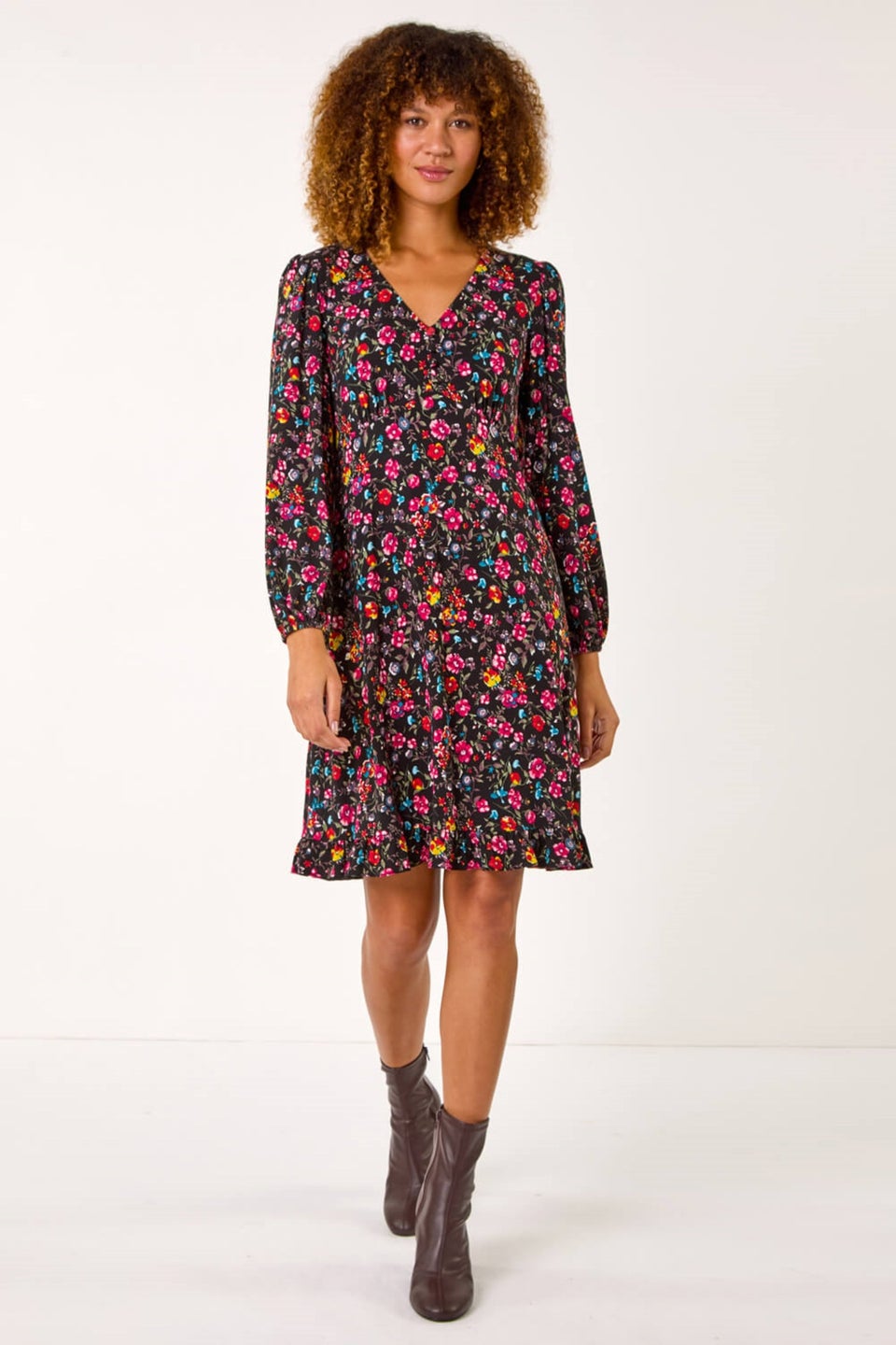 Roman Pink Floral Print Short Frill Stretch Dress