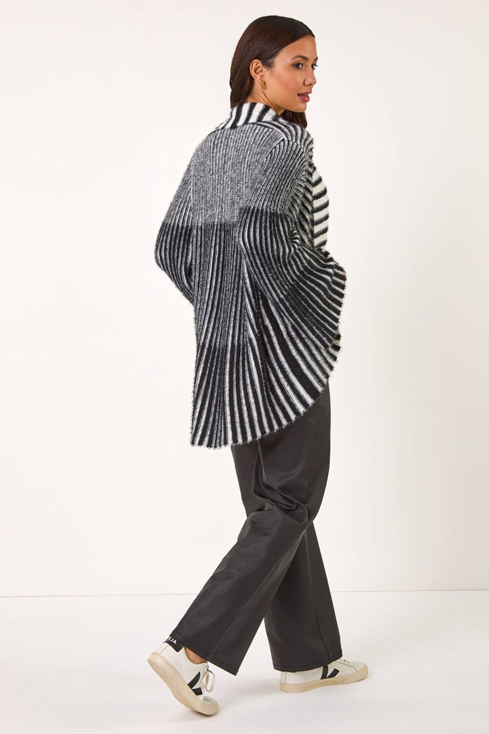 Roman Black Shawl Fluffy Striped Knit Cardigan