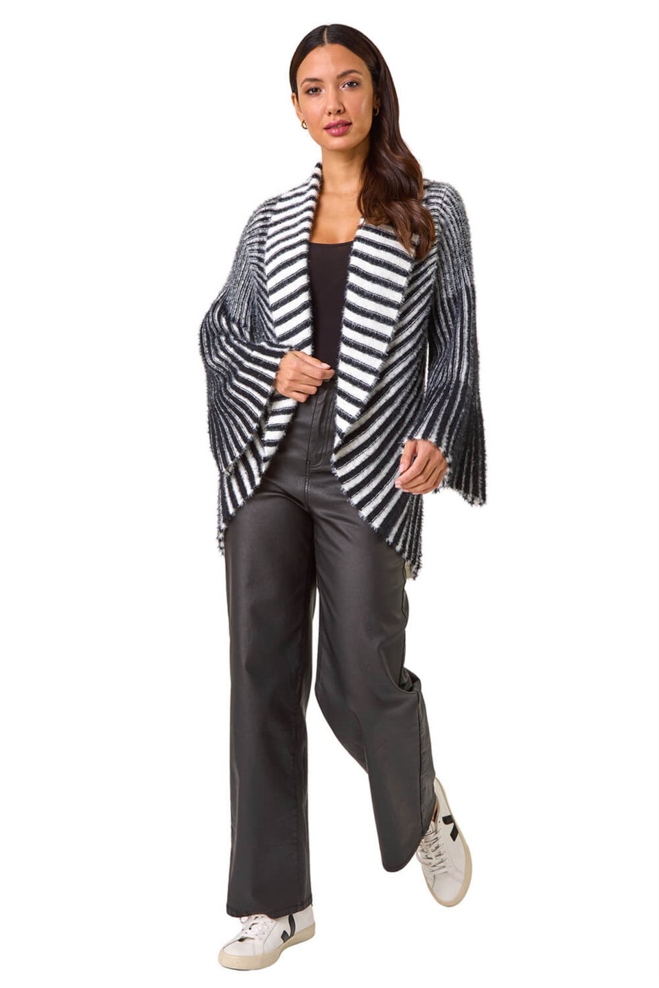 Roman Black Shawl Fluffy Striped Knit Cardigan