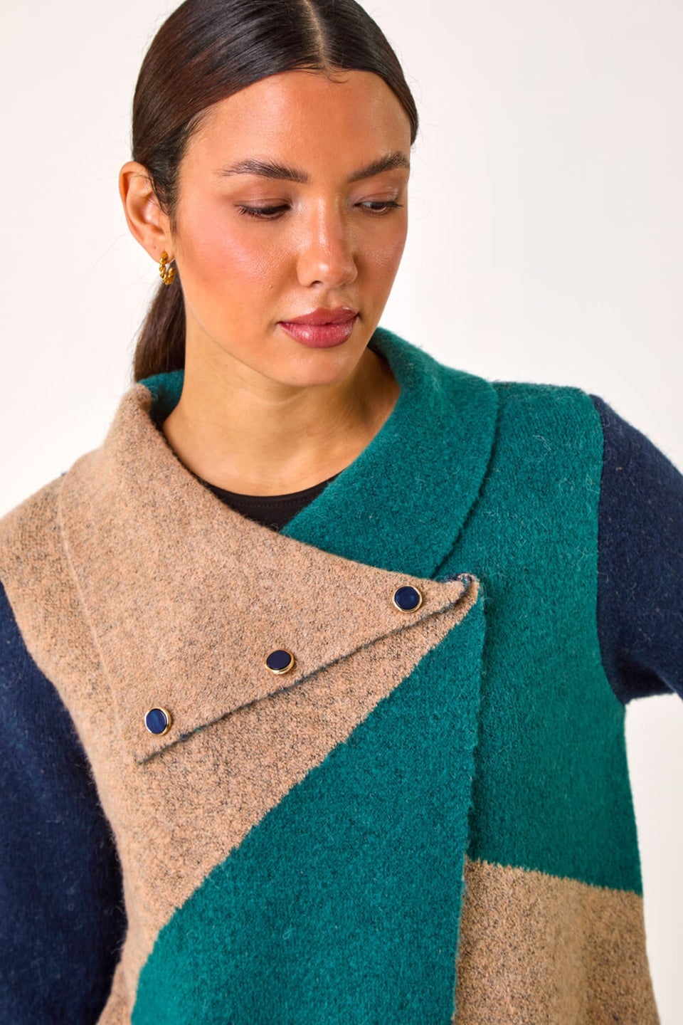 Roman Teal Colour Block Button Collar Knit Cardigan