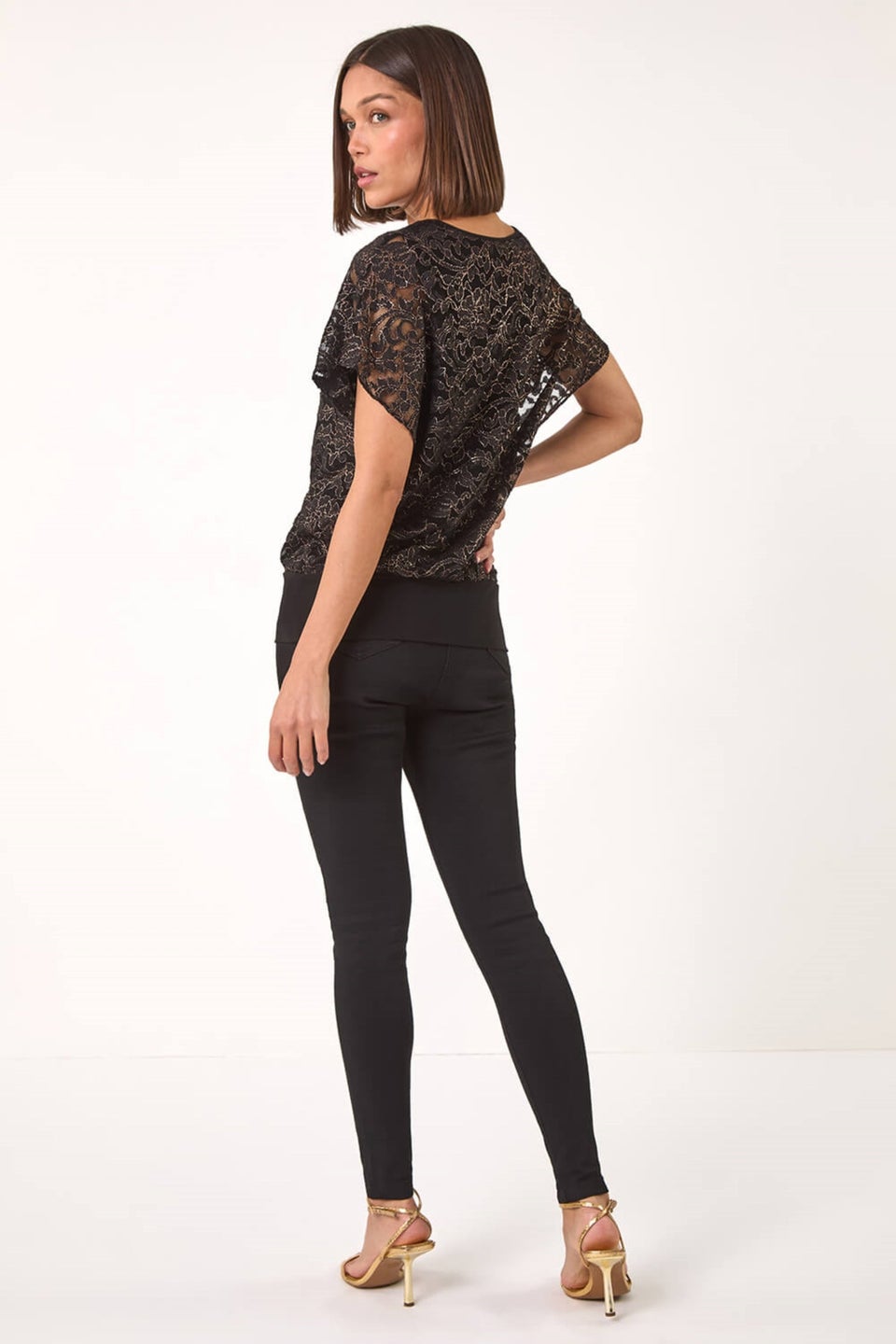 Roman Bronze Metallic Lace Bubble Hem Top