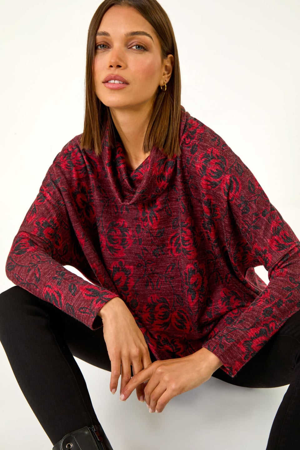 Roman Red Aztec Print Relaxed Cowl Neck Stretch Top