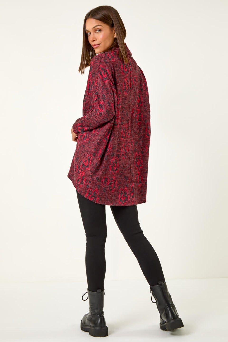 Roman Red Aztec Print Relaxed Cowl Neck Stretch Top