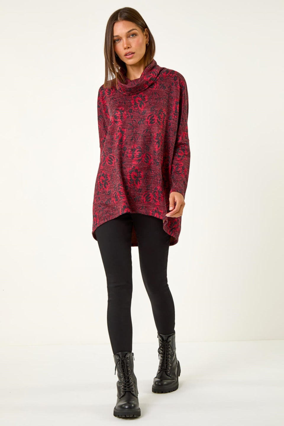 Roman Red Aztec Print Relaxed Cowl Neck Stretch Top