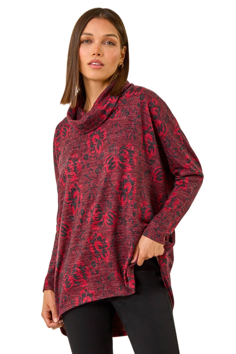 Roman Red Aztec Print Relaxed Cowl Neck Stretch Top