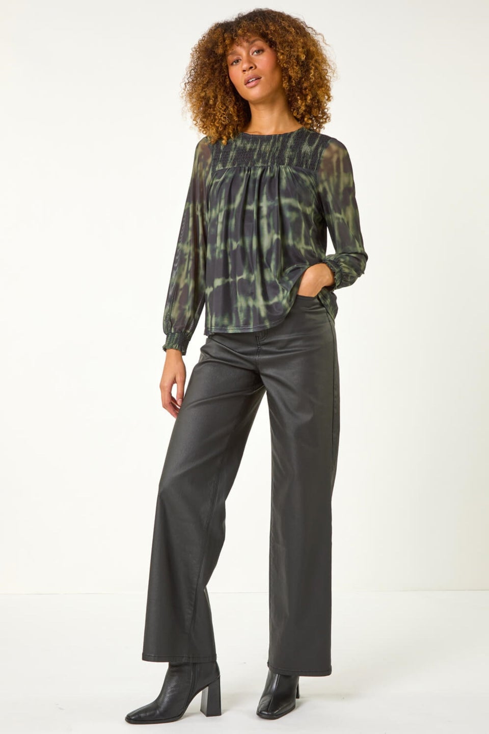 Roman Khaki Shirred Yoke Print Mesh Top
