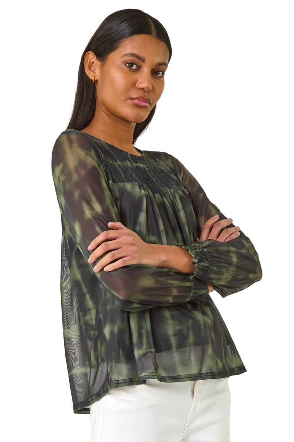 Roman Khaki Shirred Yoke Print Mesh Top
