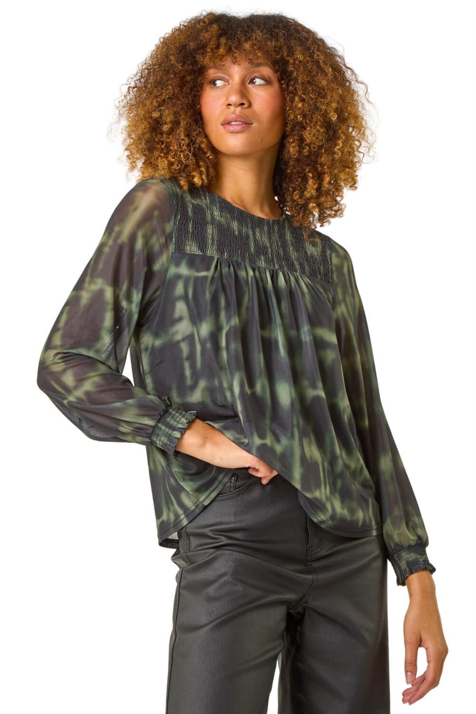 Roman Khaki Shirred Yoke Print Mesh Top