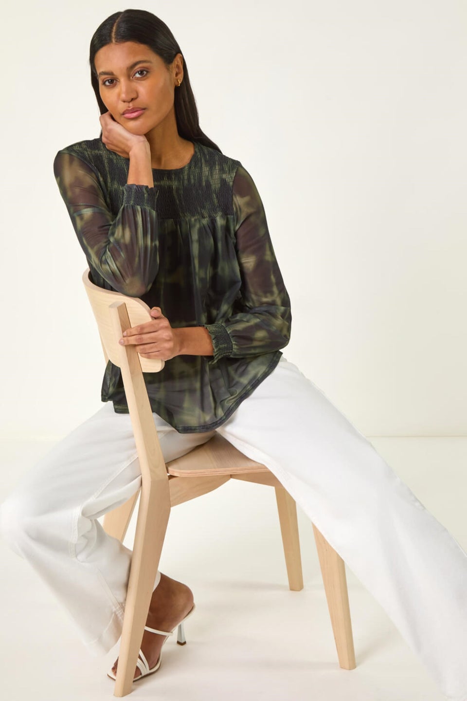 Roman Khaki Shirred Yoke Print Mesh Top