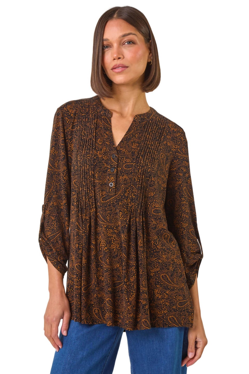 Roman Amber Floral Paisley Pintuck Shirt
