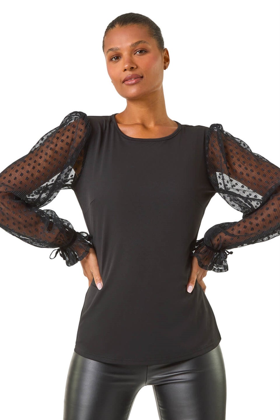 Roman Black Flock Spot Sleeve Stretch Tunic Top