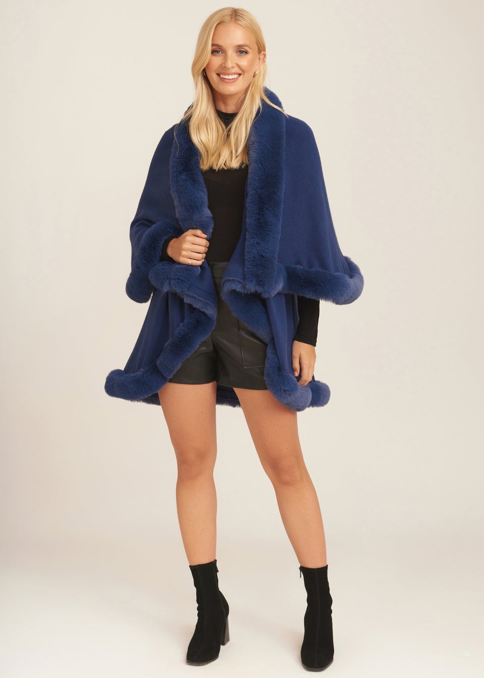 Gini London Blue Fur Trim Double Layer Cape