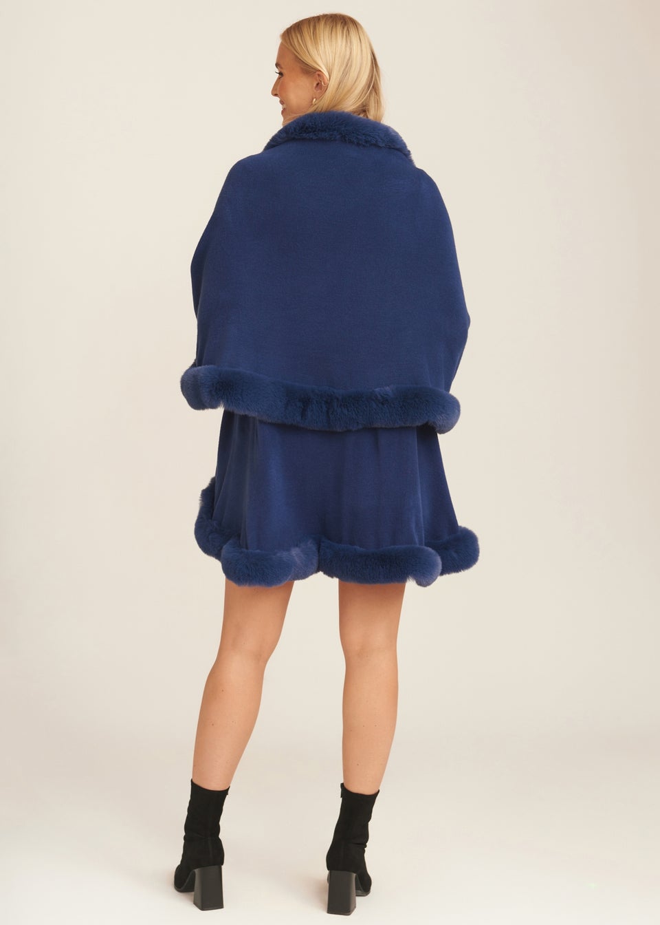 Gini London Blue Fur Trim Double Layer Cape