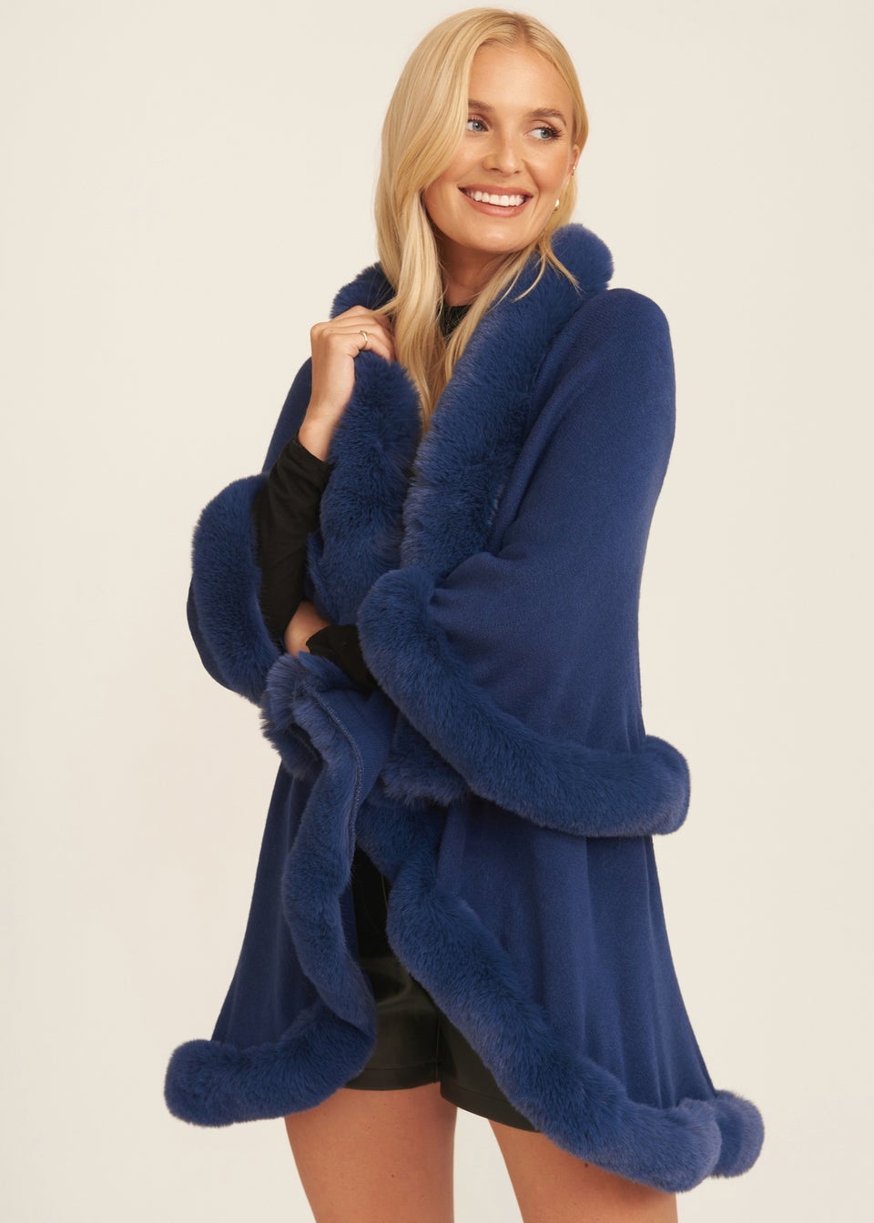 Gini London Blue Fur Trim Double Layer Cape