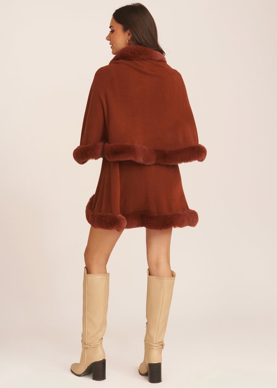 Gini London Brown Fur Trim Double Layer Cape
