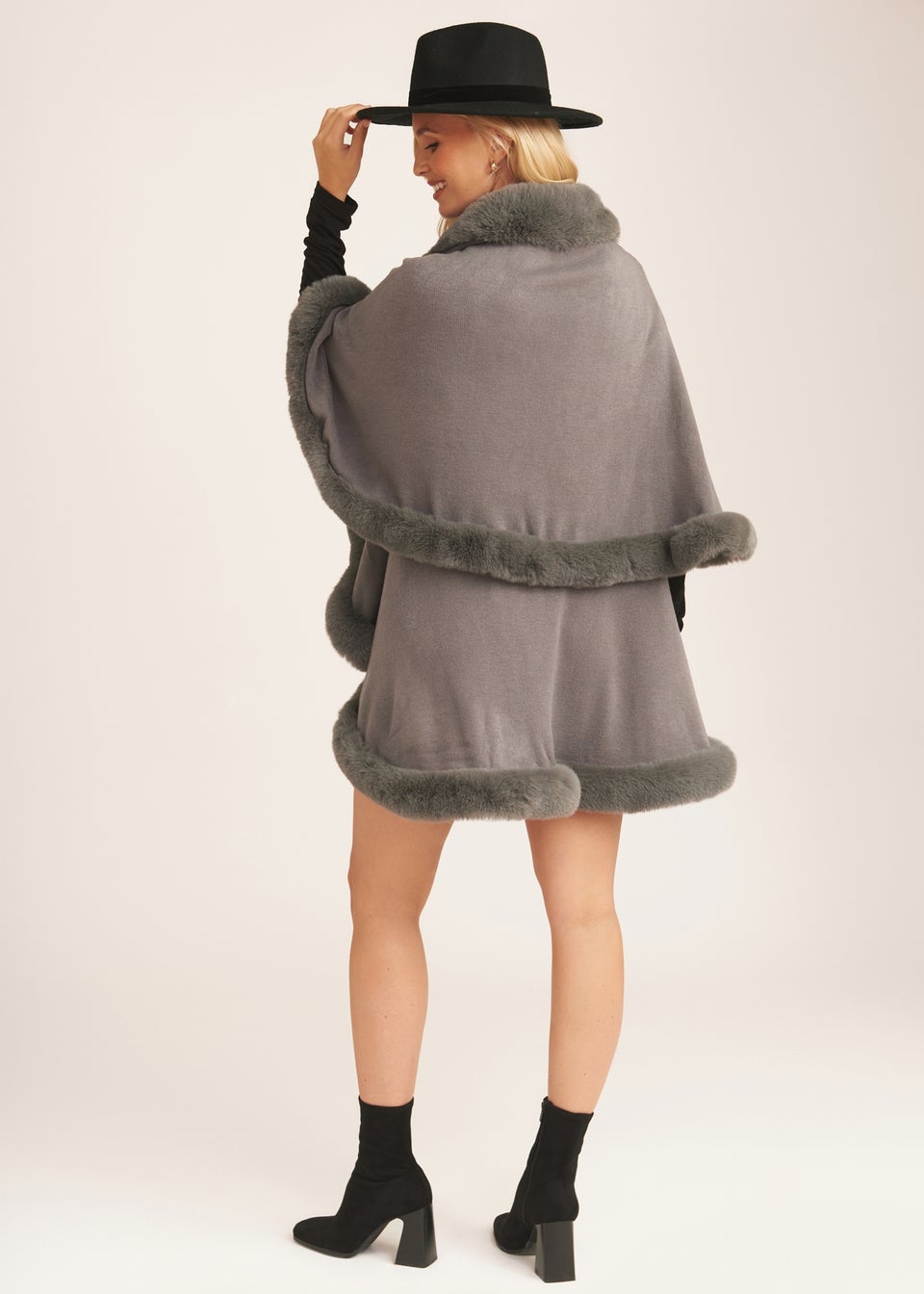 Gini London Dark Grey Fur Trim Double Layer Cape
