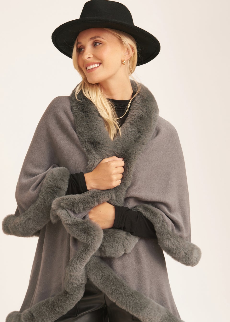 Gini London Dark Grey Fur Trim Double Layer Cape