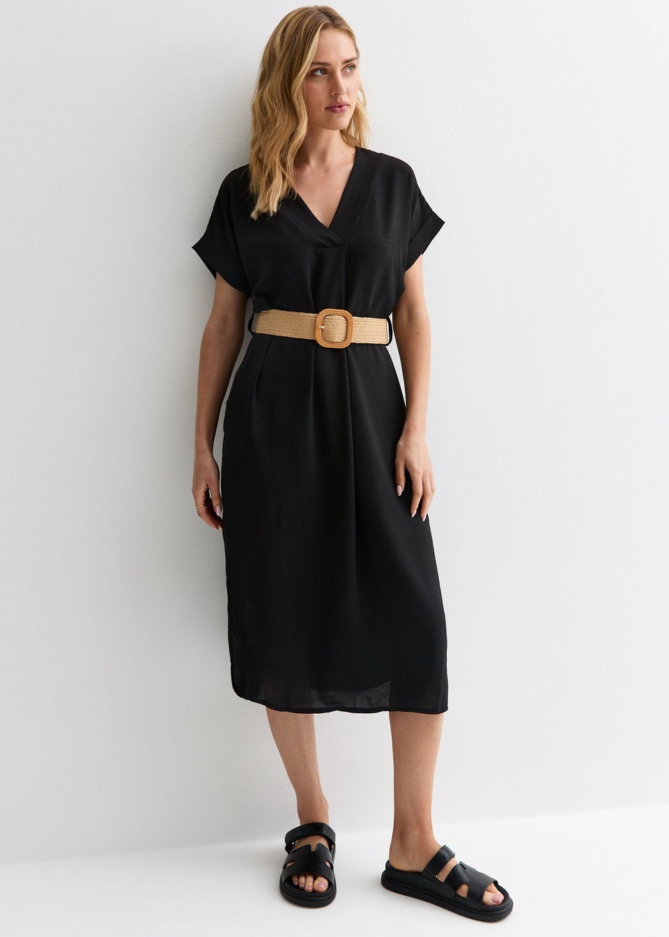 Gini London Black V Neck Raffia Belt Tunic Dress