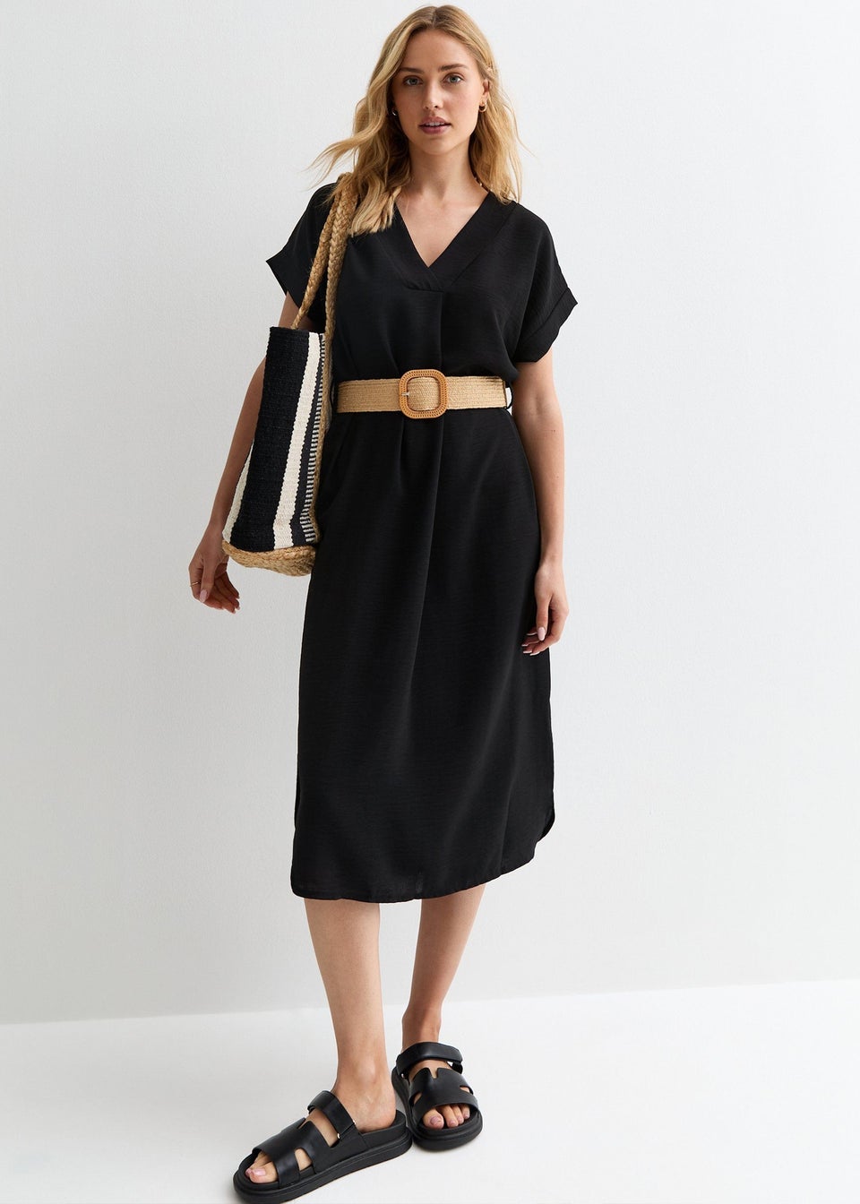 Gini London Black V Neck Raffia Belt Tunic Dress
