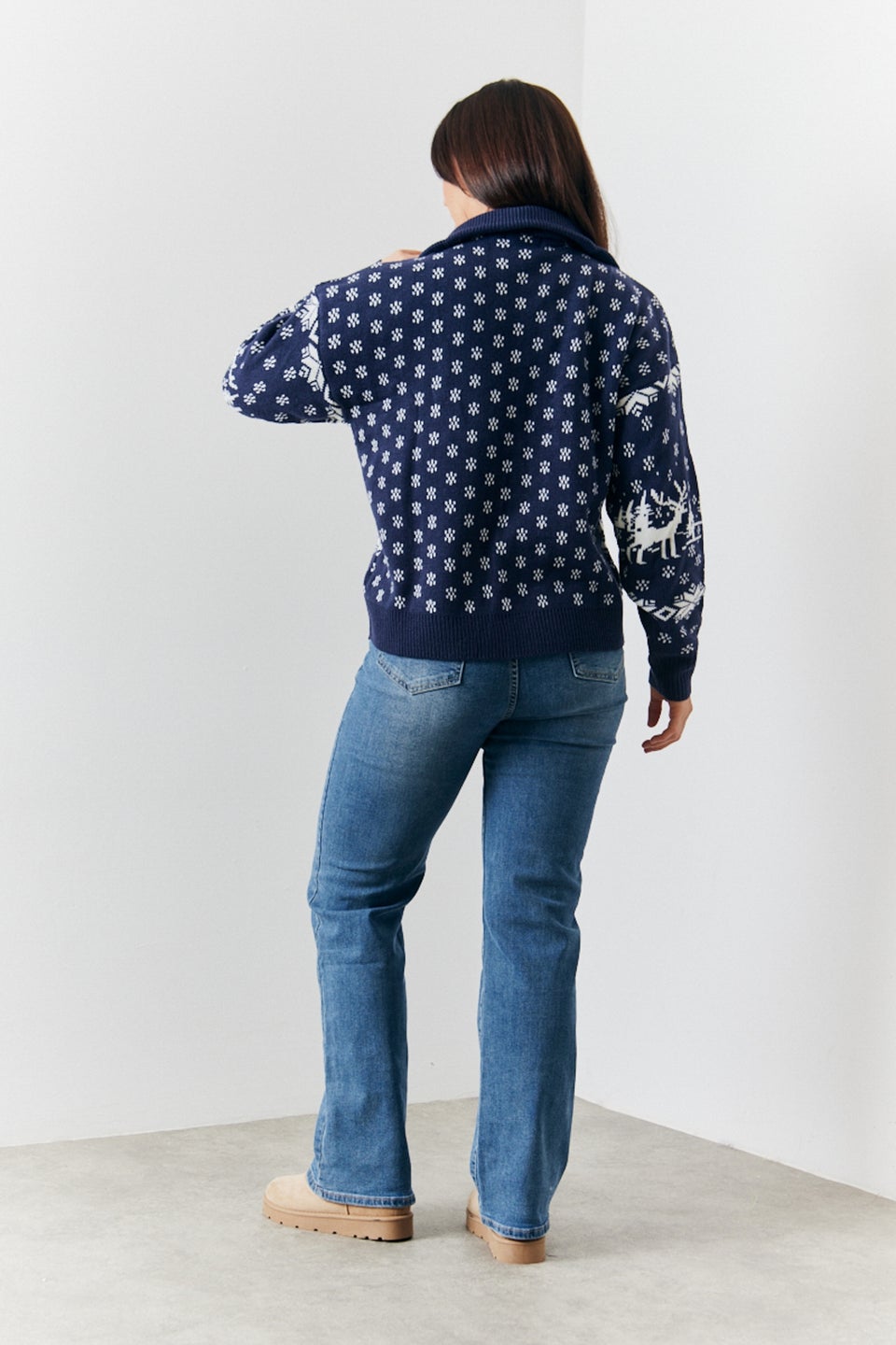 In The Style Navy Half Zip Reindeer Fair Isle Knit Jumper