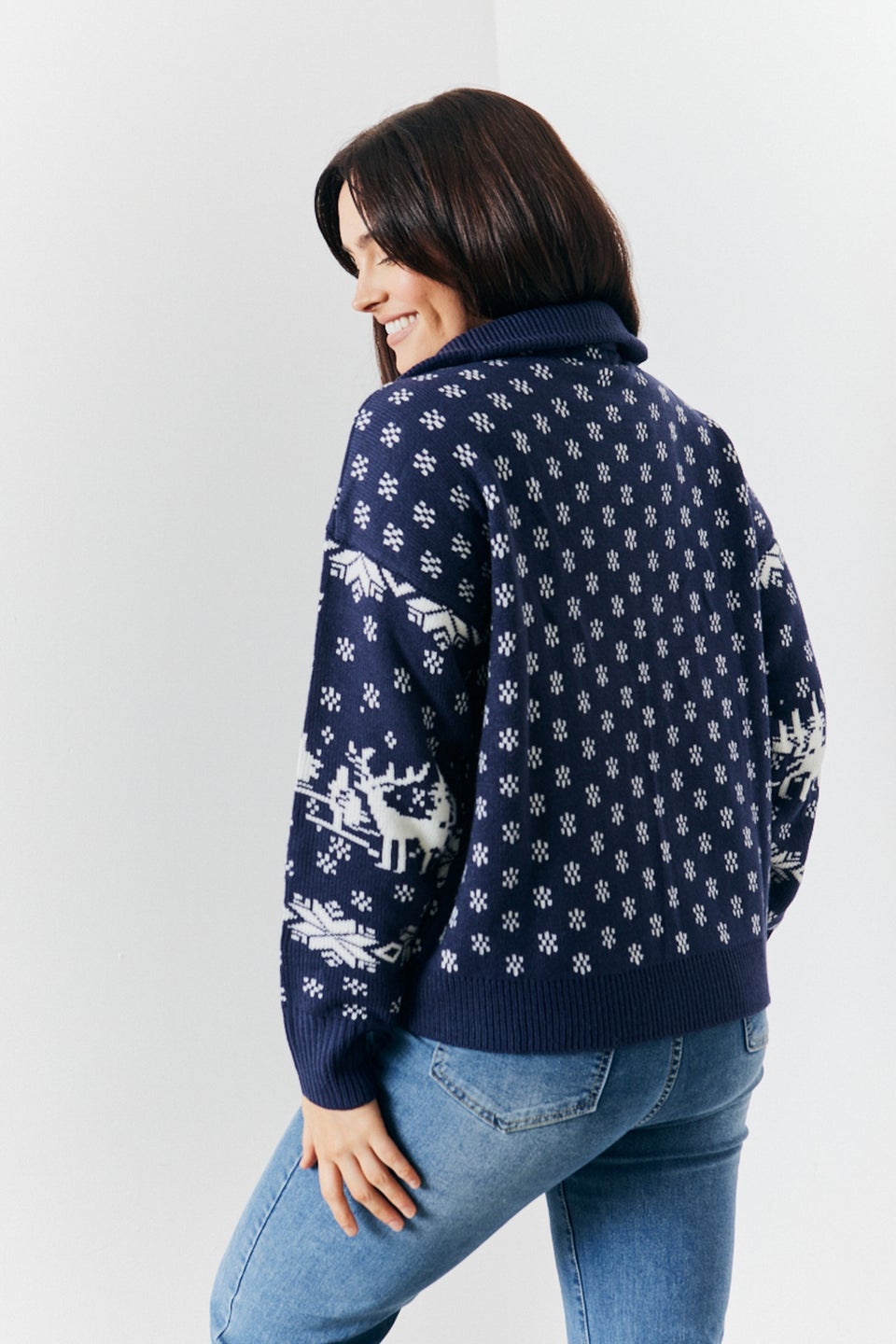 In The Style Navy Half Zip Reindeer Fair Isle Knit Jumper