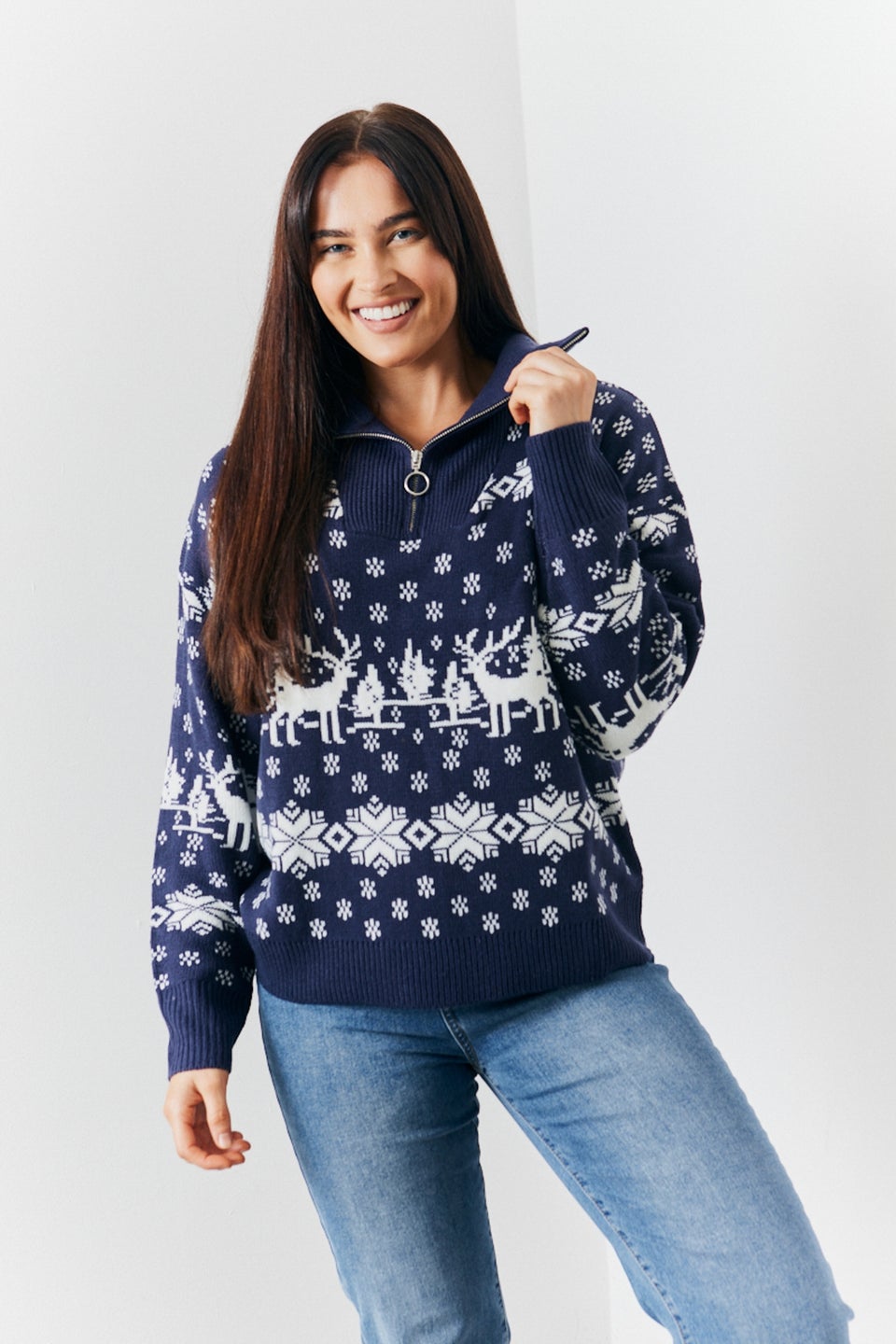 In The Style Navy Half Zip Reindeer Fair Isle Knit Jumper