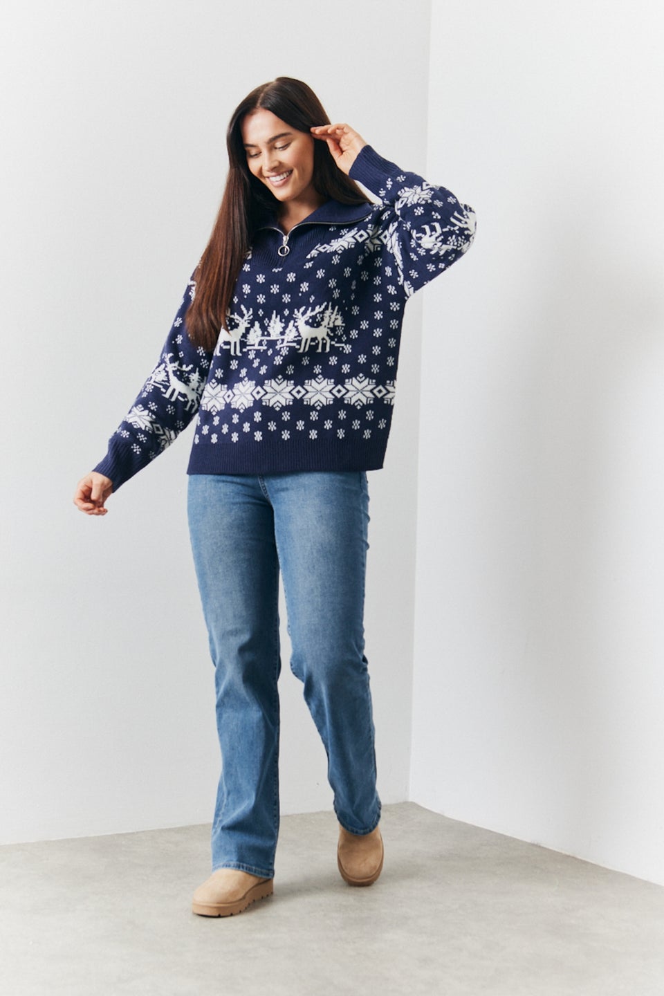 In The Style Navy Half Zip Reindeer Fair Isle Knit Jumper