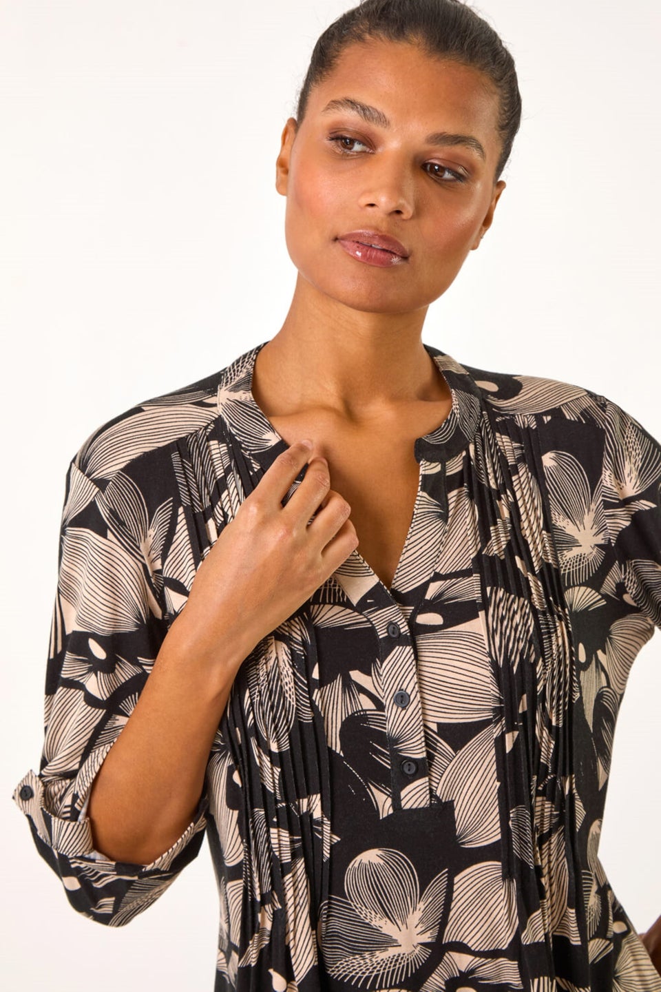 Roman Black Floral Print Pintuck Pleat Shirt