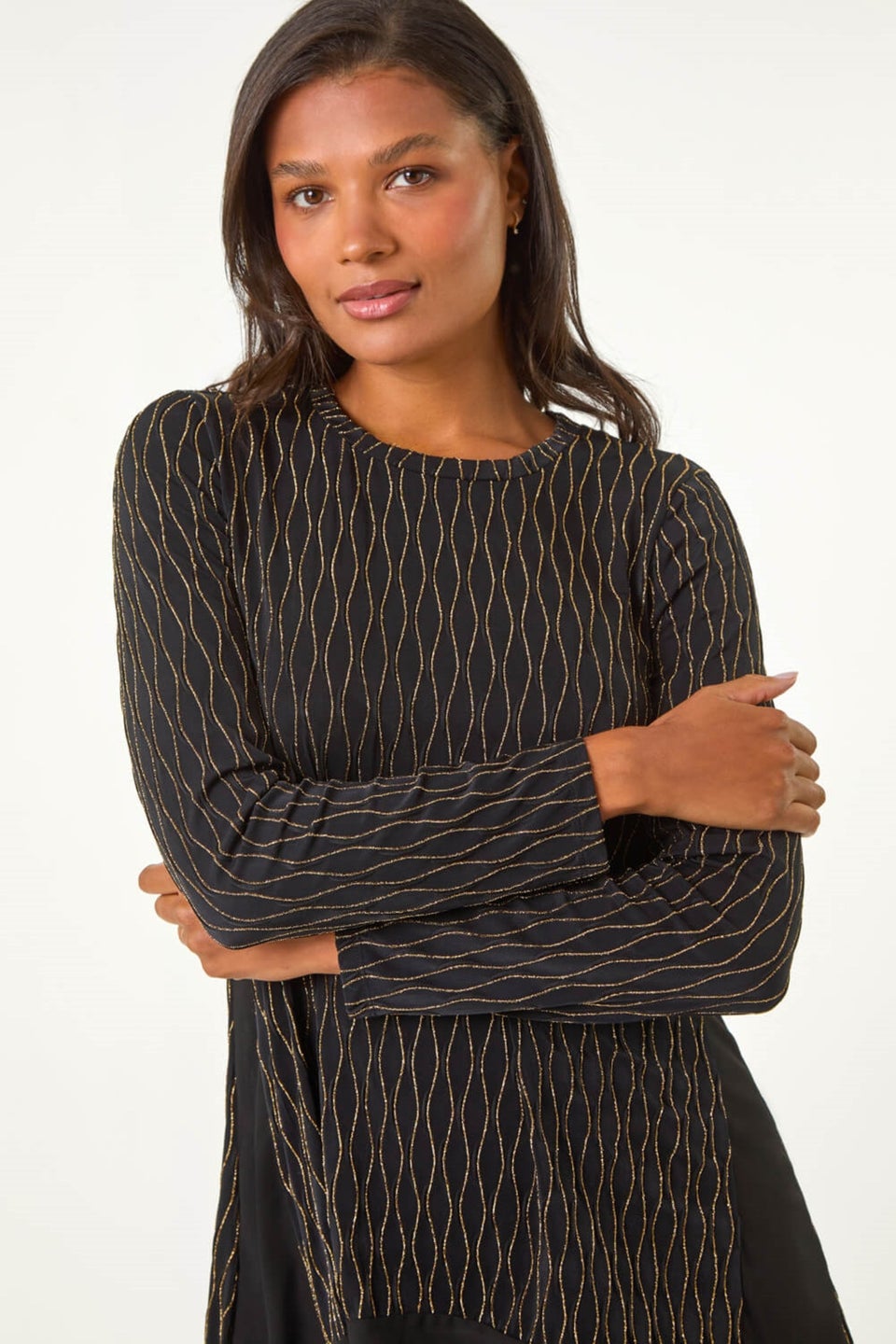 Roman Gold Metallic Print Chiffon Hem Stretch Top