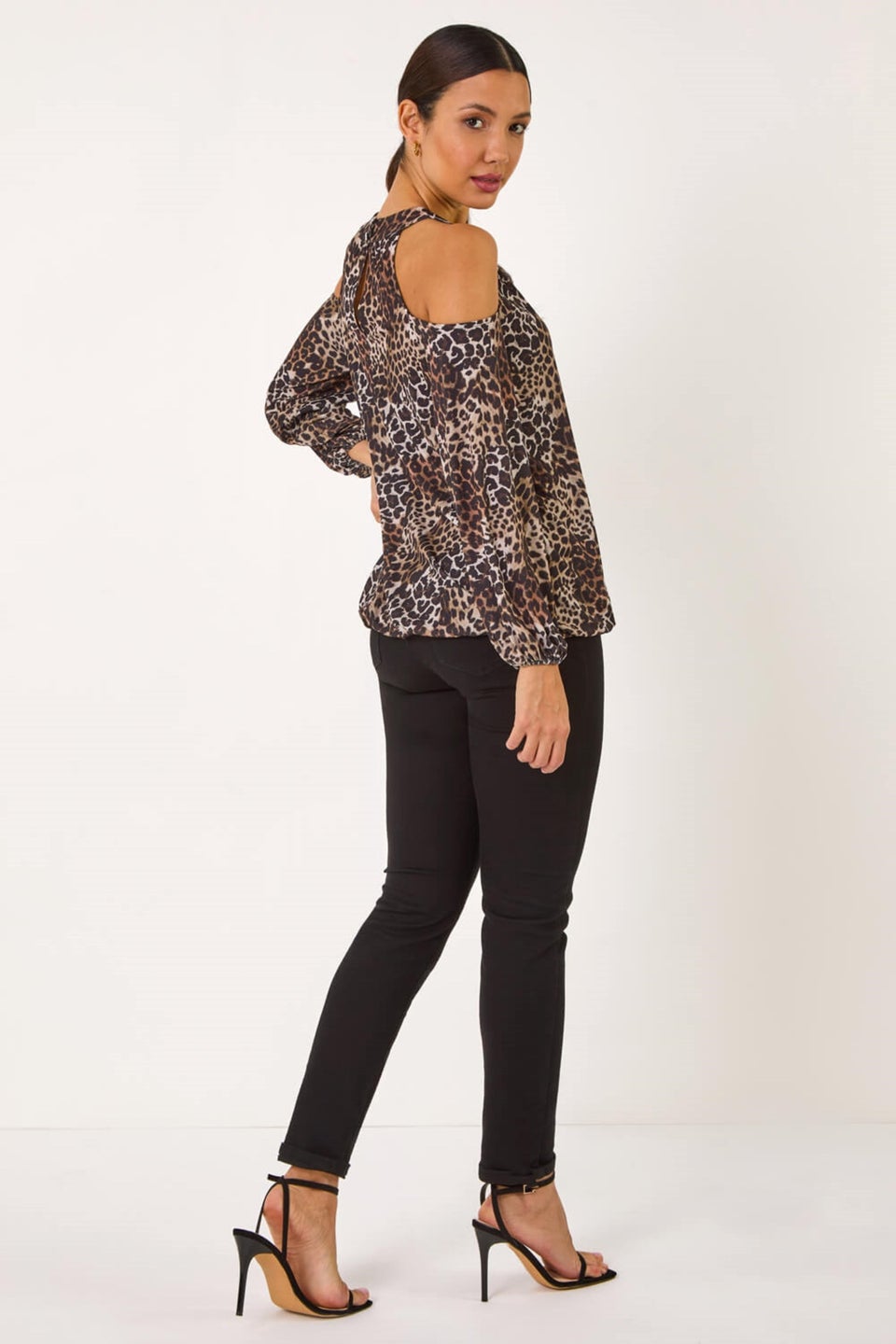 Roman Natural Animal Print Cold Shoulder Stretch Top