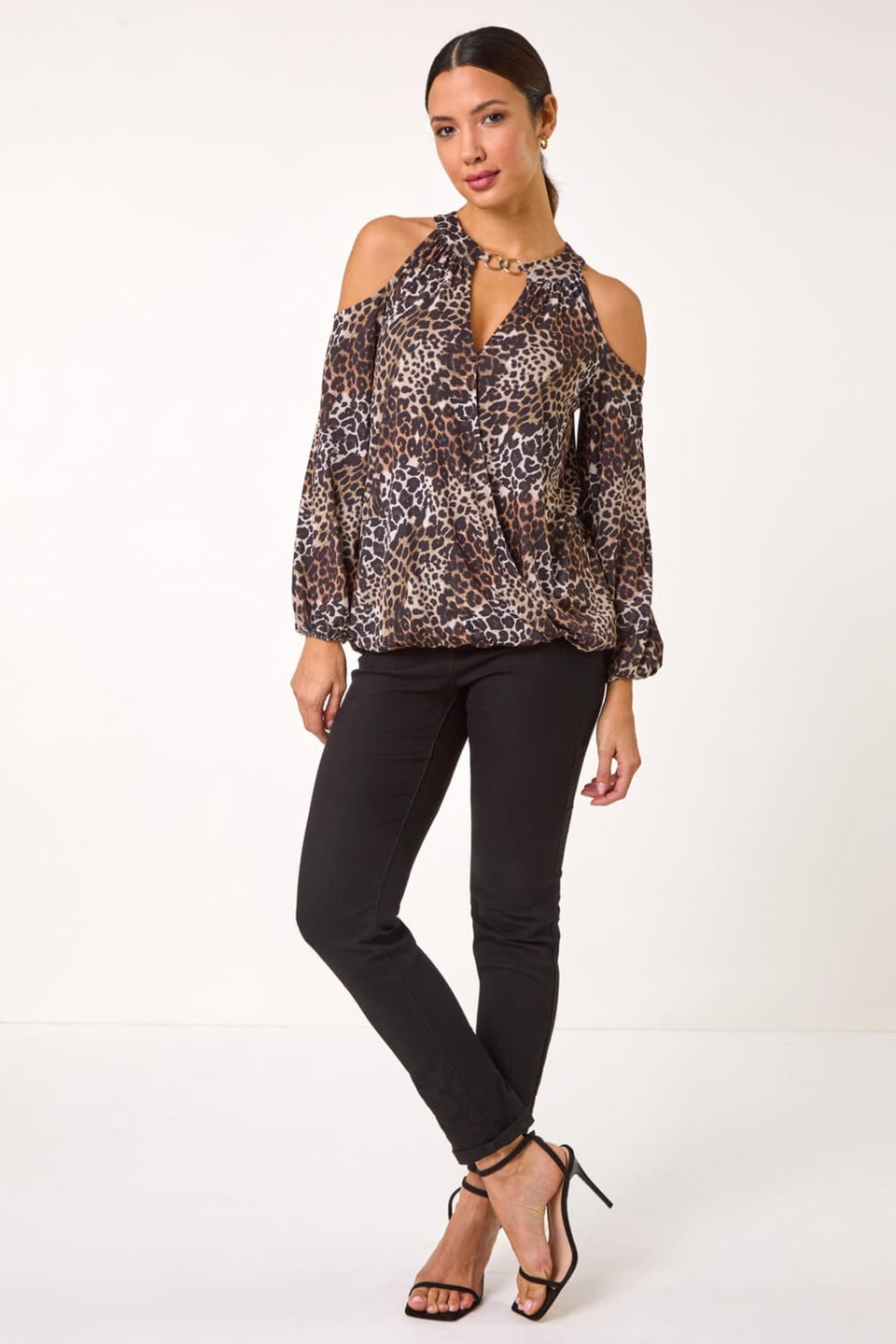 Roman Natural Animal Print Cold Shoulder Stretch Top