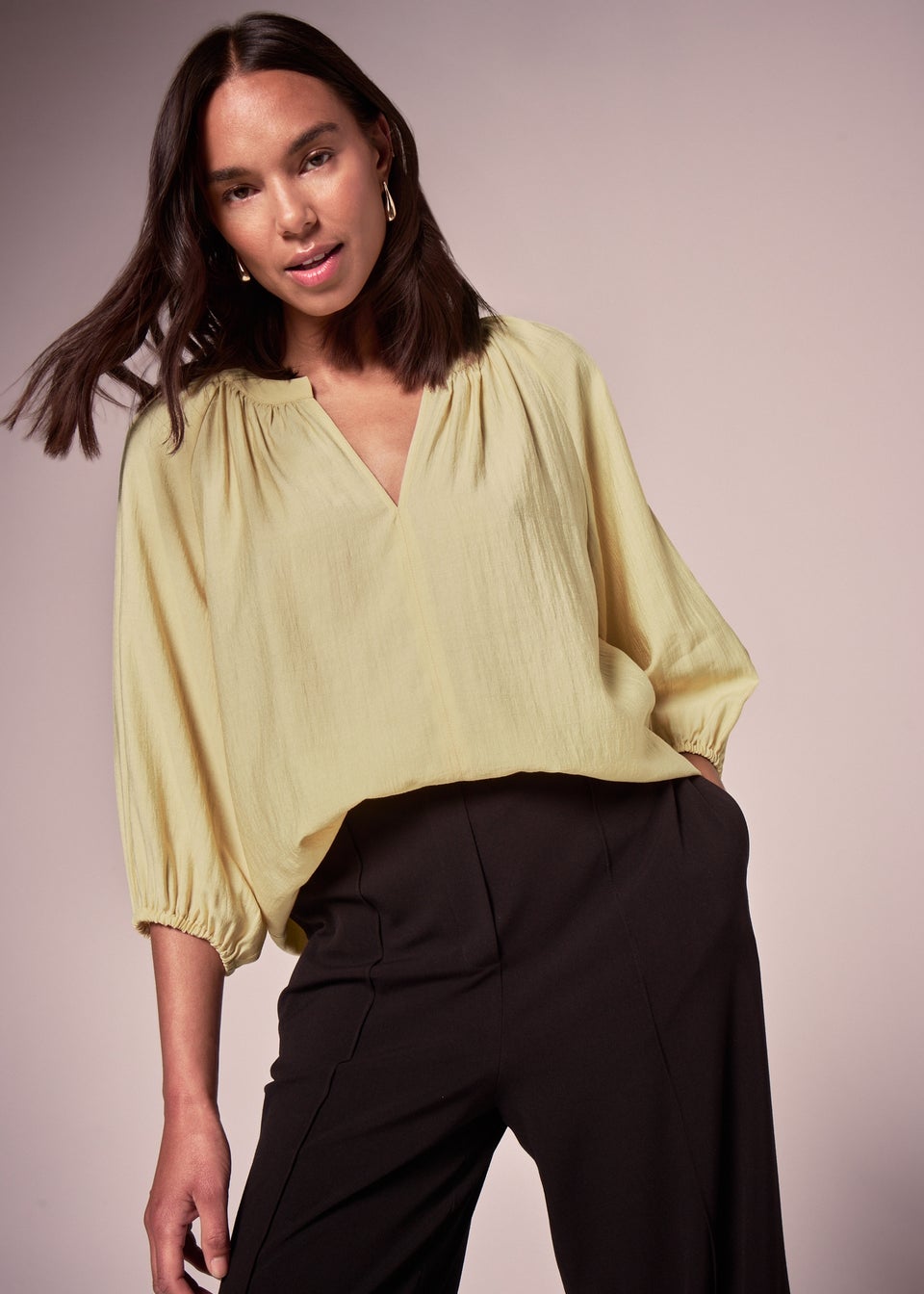 Et Vous Yellow 3/4 Sleeve V Neck Blouse