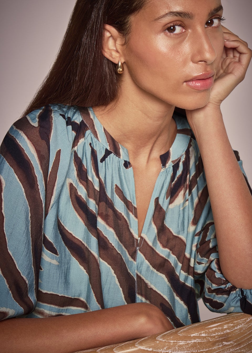 Et Vous Sage Zebra Popover Blouse